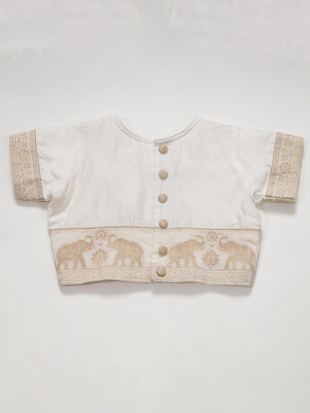 Cream Elephant Zari Embroidery Ready to Wear Saree with Stitched Blouse set | SHOBITAM