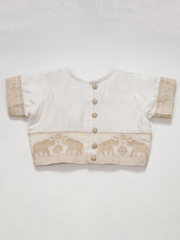 Cream Elephant Zari Embroidery Ready to Wear Saree with Stitched Blouse set | SHOBITAM