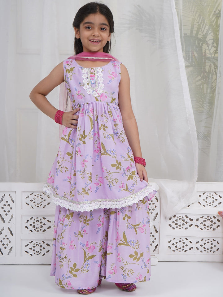 Girls Lavender Muslin Garden Tulip Lacework Kurta Sharara Set with Dupatta | SHOBITAM