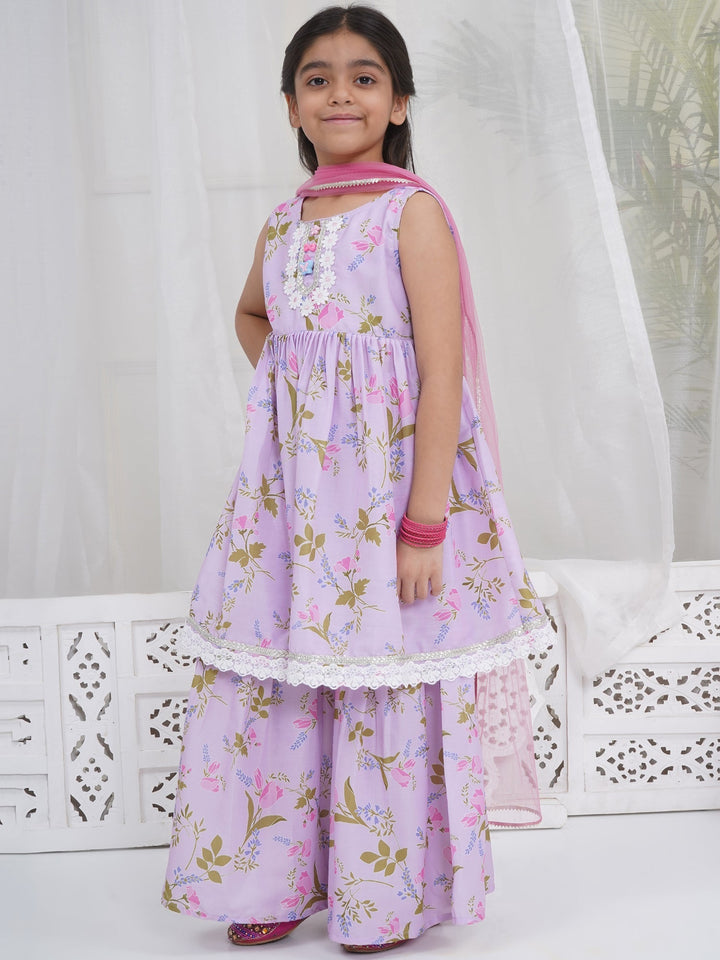Girls Lavender Muslin Garden Tulip Lacework Kurta Sharara Set with Dupatta | SHOBITAM
