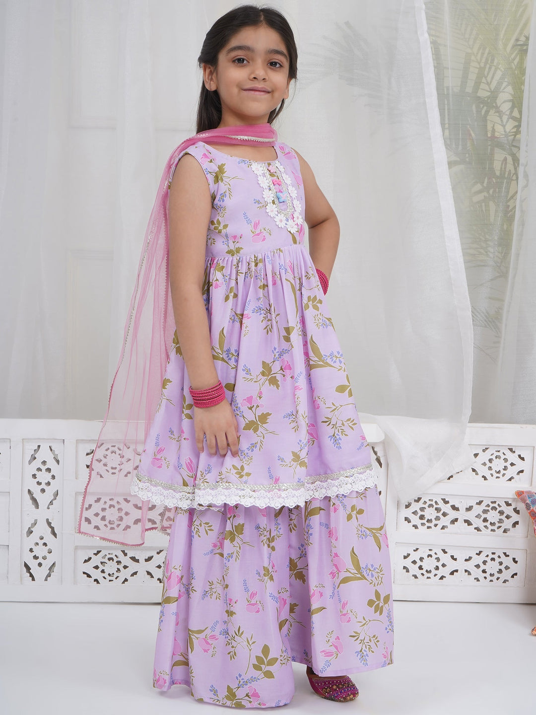 Girls Lavender Muslin Garden Tulip Lacework Kurta Sharara Set with Dupatta | SHOBITAM