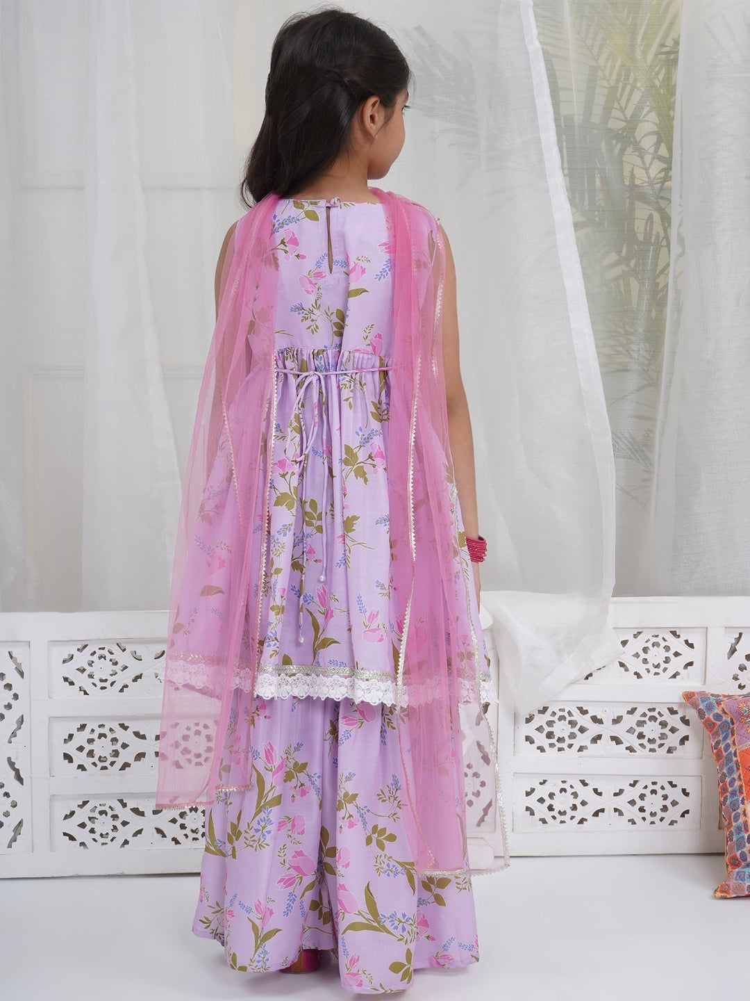 Girls Lavender Muslin Garden Tulip Lacework Kurta Sharara Set with Dupatta | SHOBITAM