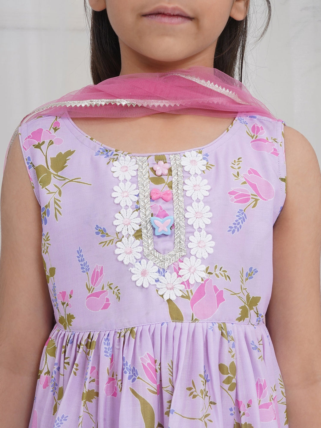 Girls Lavender Muslin Garden Tulip Lacework Kurta Sharara Set with Dupatta | SHOBITAM