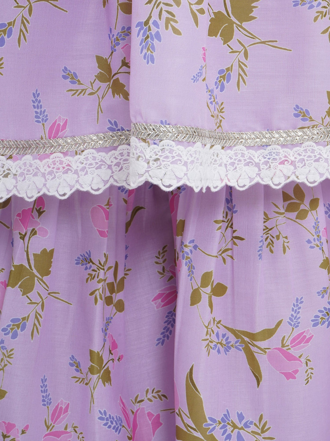 Girls Lavender Muslin Garden Tulip Lacework Kurta Sharara Set with Dupatta | SHOBITAM