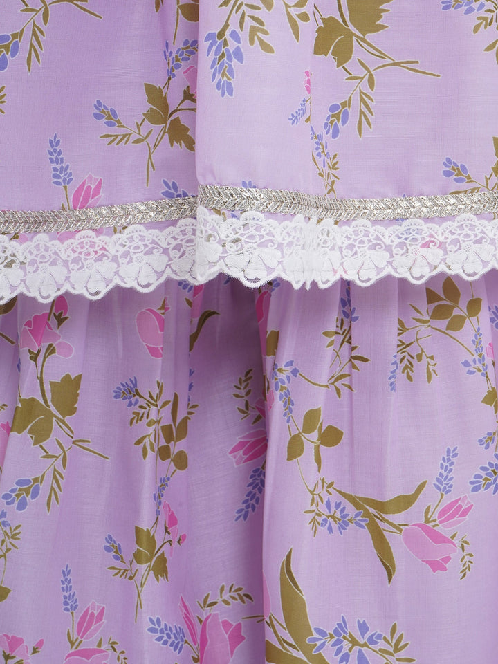 Girls Lavender Muslin Garden Tulip Lacework Kurta Sharara Set with Dupatta | SHOBITAM