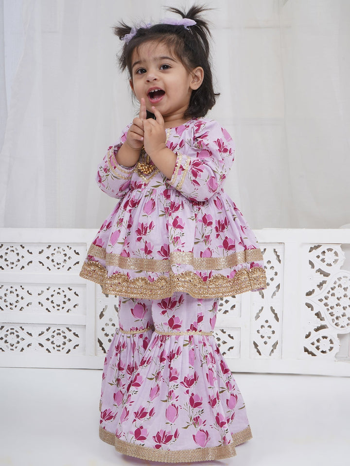 Girls Lavender Cotton Lotus Lacework Kurta Sharara Set | SHOBITAM