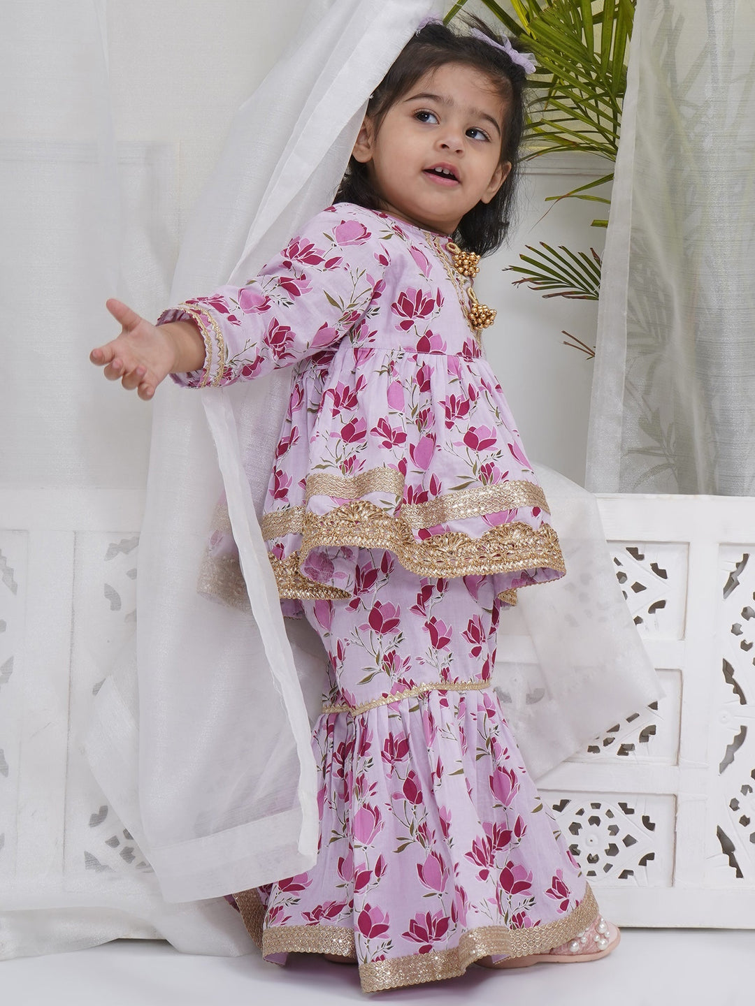 Girls Lavender Cotton Lotus Lacework Kurta Sharara Set | SHOBITAM