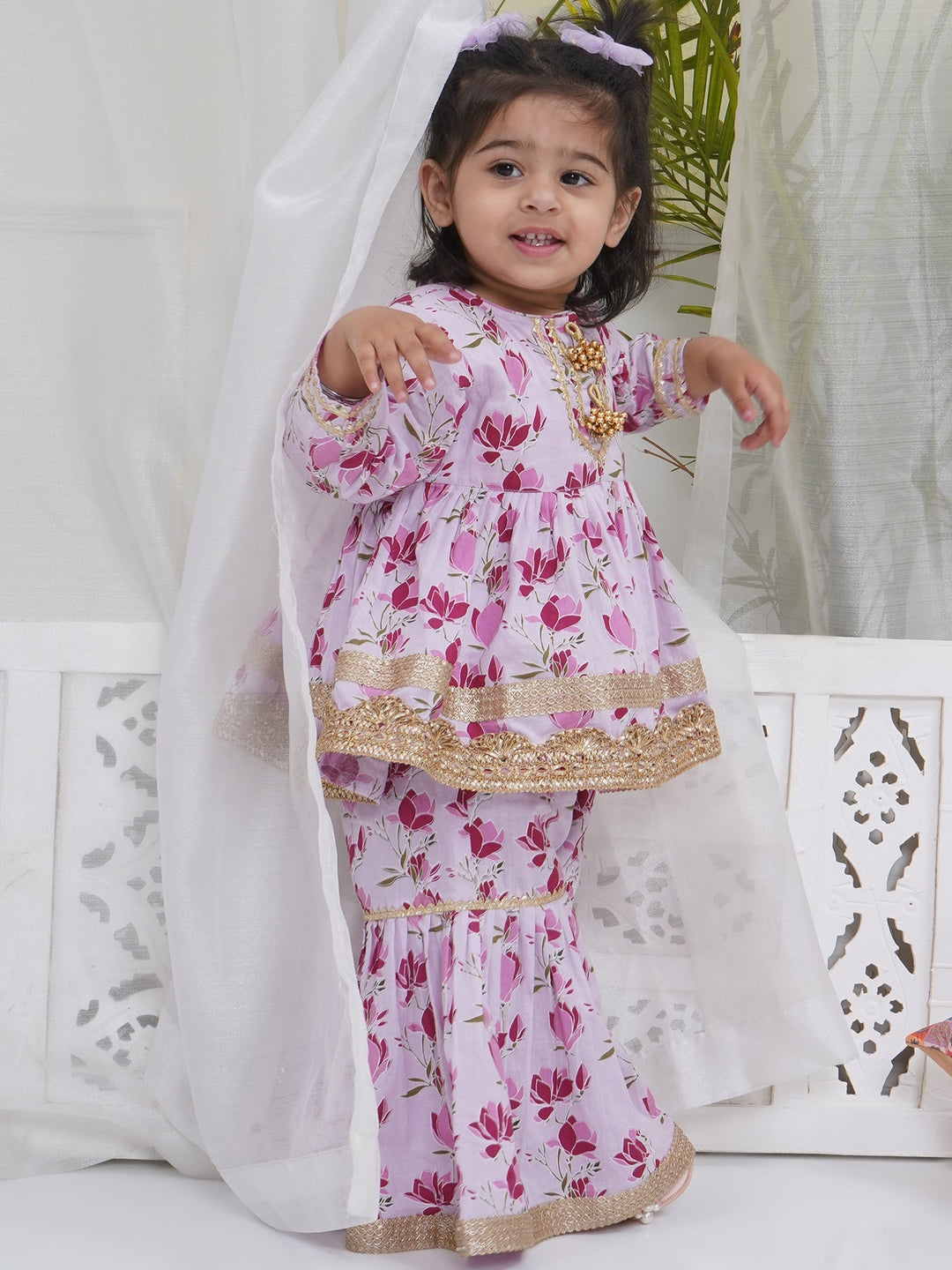Girls Lavender Cotton Lotus Lacework Kurta Sharara Set | SHOBITAM