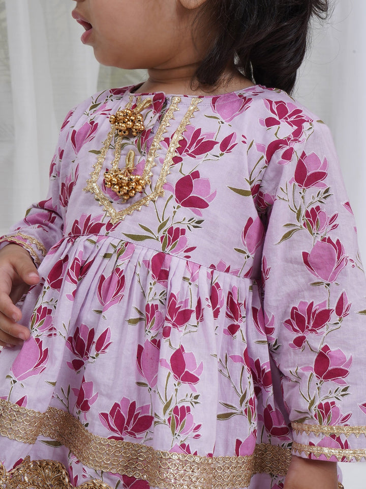 Girls Lavender Cotton Lotus Lacework Kurta Sharara Set | SHOBITAM