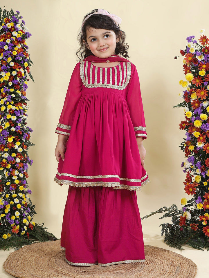 Magenta Georgette Lacework Kurta with Cotton Sharara and Net Dupatta Set | SHOBITAM