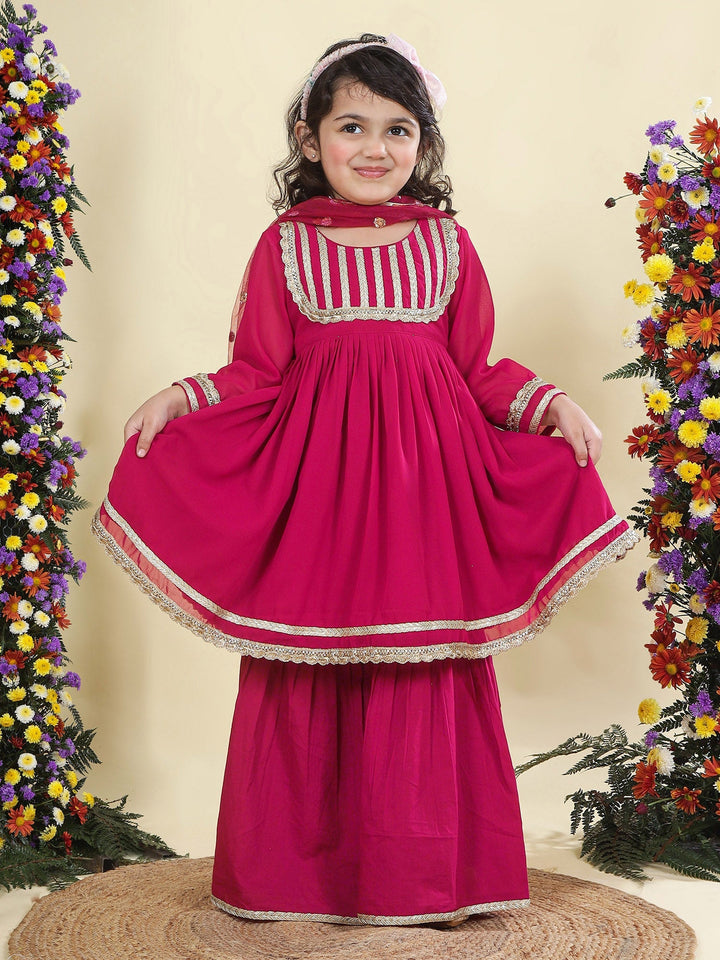 Magenta Georgette Lacework Kurta with Cotton Sharara and Net Dupatta Set | SHOBITAM