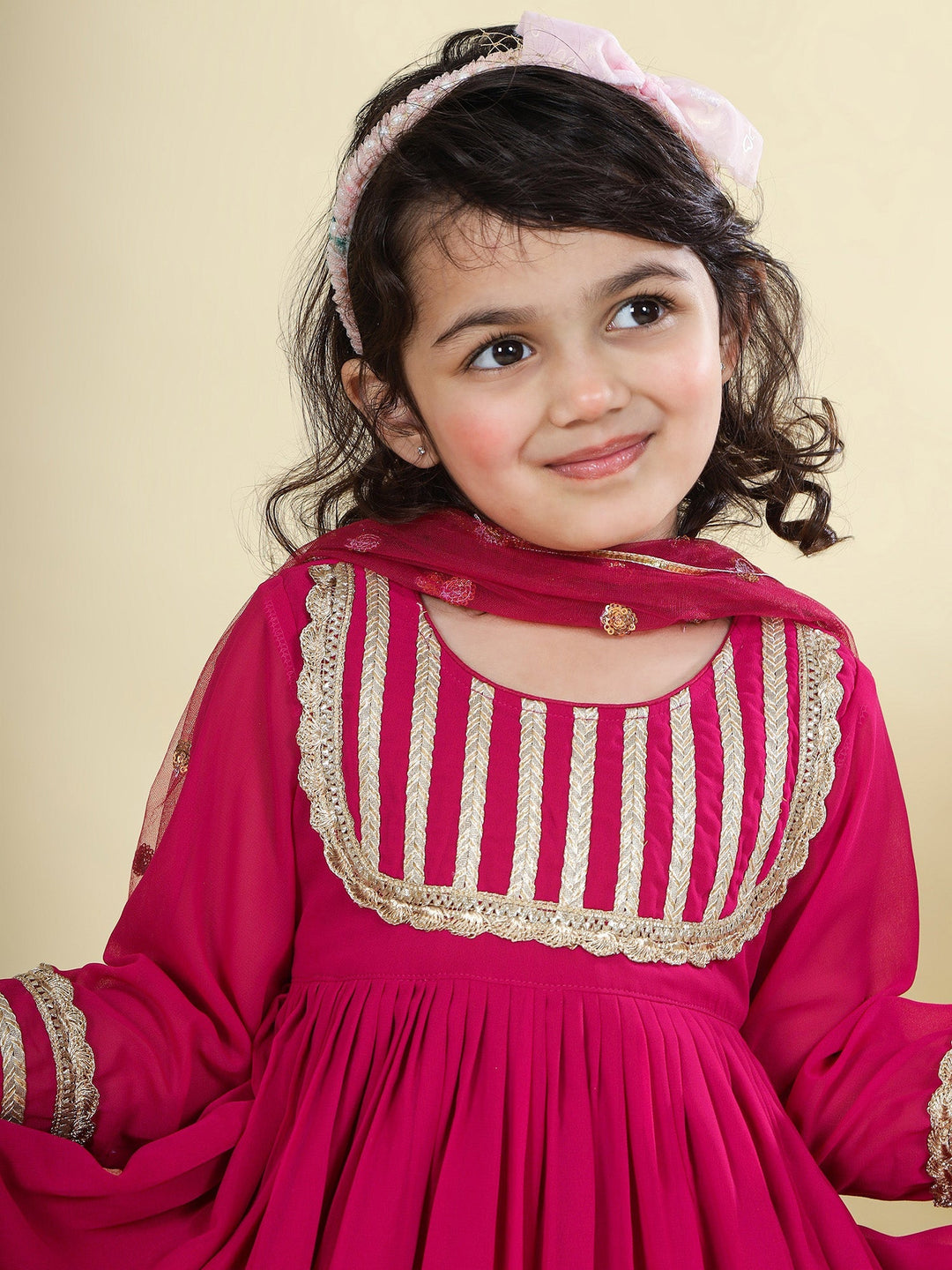 Magenta Georgette Lacework Kurta with Cotton Sharara and Net Dupatta Set | SHOBITAM