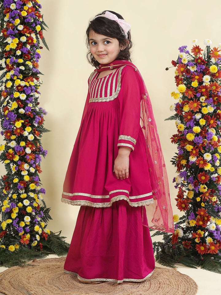 Magenta Georgette Lacework Kurta with Cotton Sharara and Net Dupatta Set | SHOBITAM