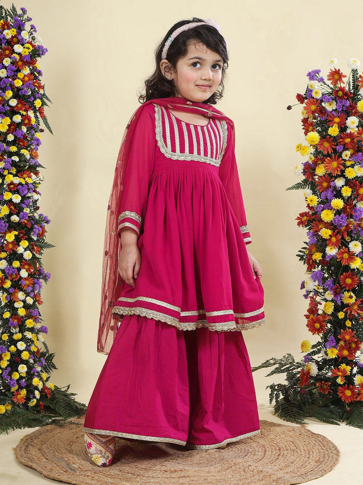 Magenta Georgette Lacework Kurta with Cotton Sharara and Net Dupatta Set | SHOBITAM
