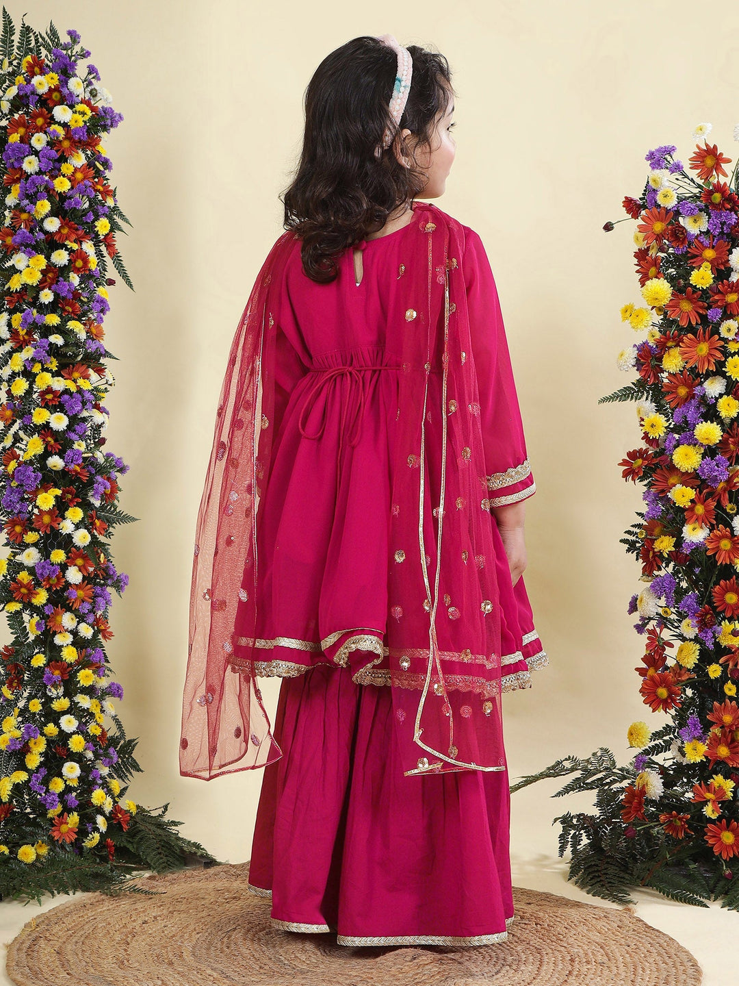 Magenta Georgette Lacework Kurta with Cotton Sharara and Net Dupatta Set | SHOBITAM