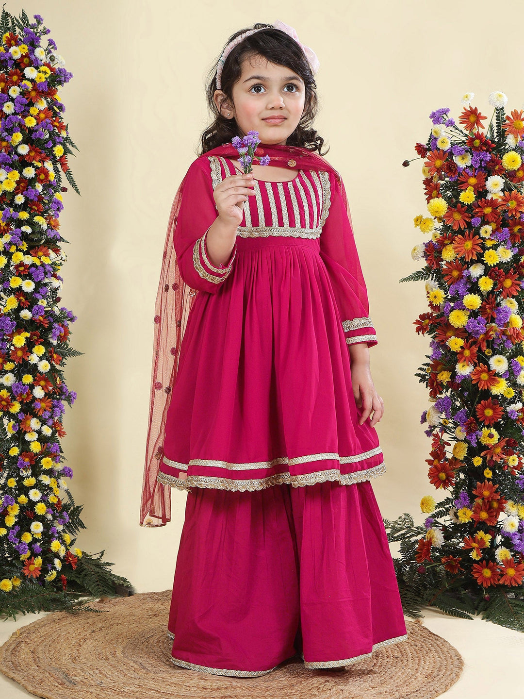 Magenta Georgette Lacework Kurta with Cotton Sharara and Net Dupatta Set | SHOBITAM