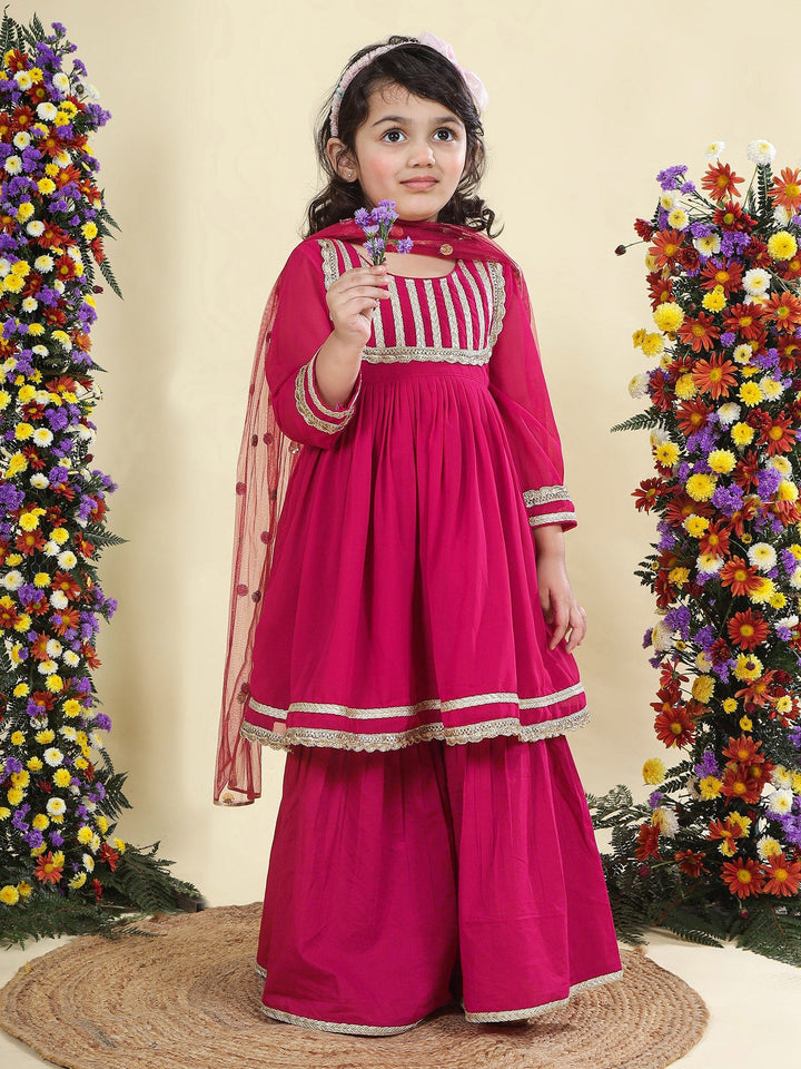 Magenta Georgette Lacework Kurta with Cotton Sharara and Net Dupatta Set | SHOBITAM