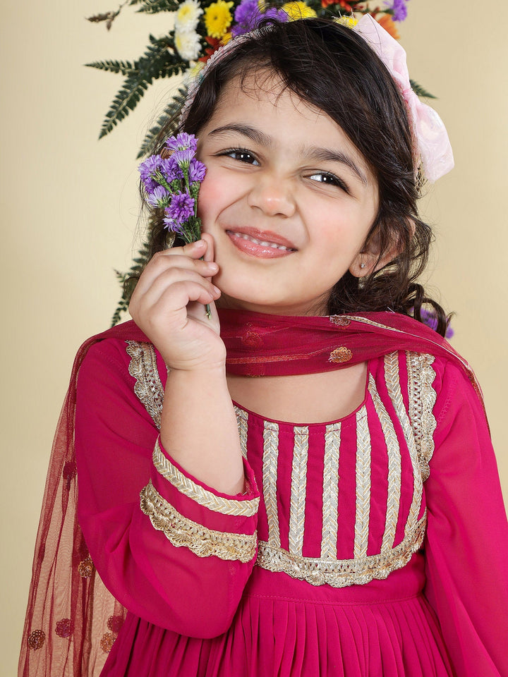 Magenta Georgette Lacework Kurta with Cotton Sharara and Net Dupatta Set | SHOBITAM