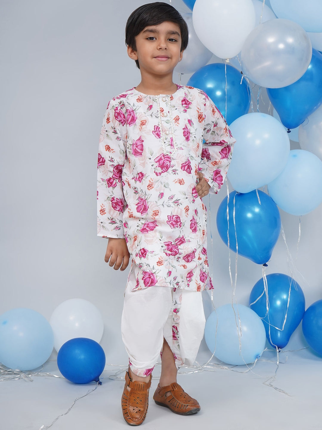 Boys Cream Muslin Garden Rose Dhoti Kurta Set | SHOBITAM