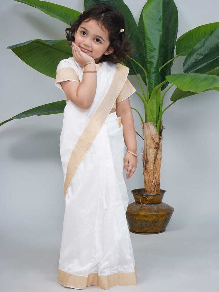 Girls Cream Chanderi Semi-Silk South Indian Saree Set with Stitched Blouse | SHOBITAM