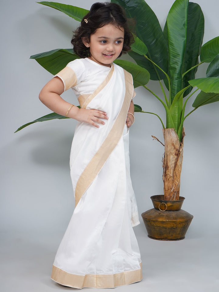 Girls Cream Chanderi Semi-Silk South Indian Saree Set with Stitched Blouse | SHOBITAM