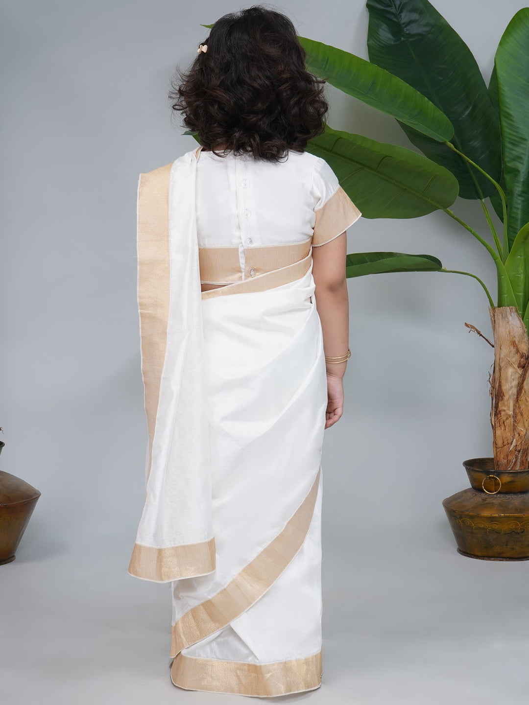 Girls Cream Chanderi Semi-Silk South Indian Saree Set with Stitched Blouse | SHOBITAM