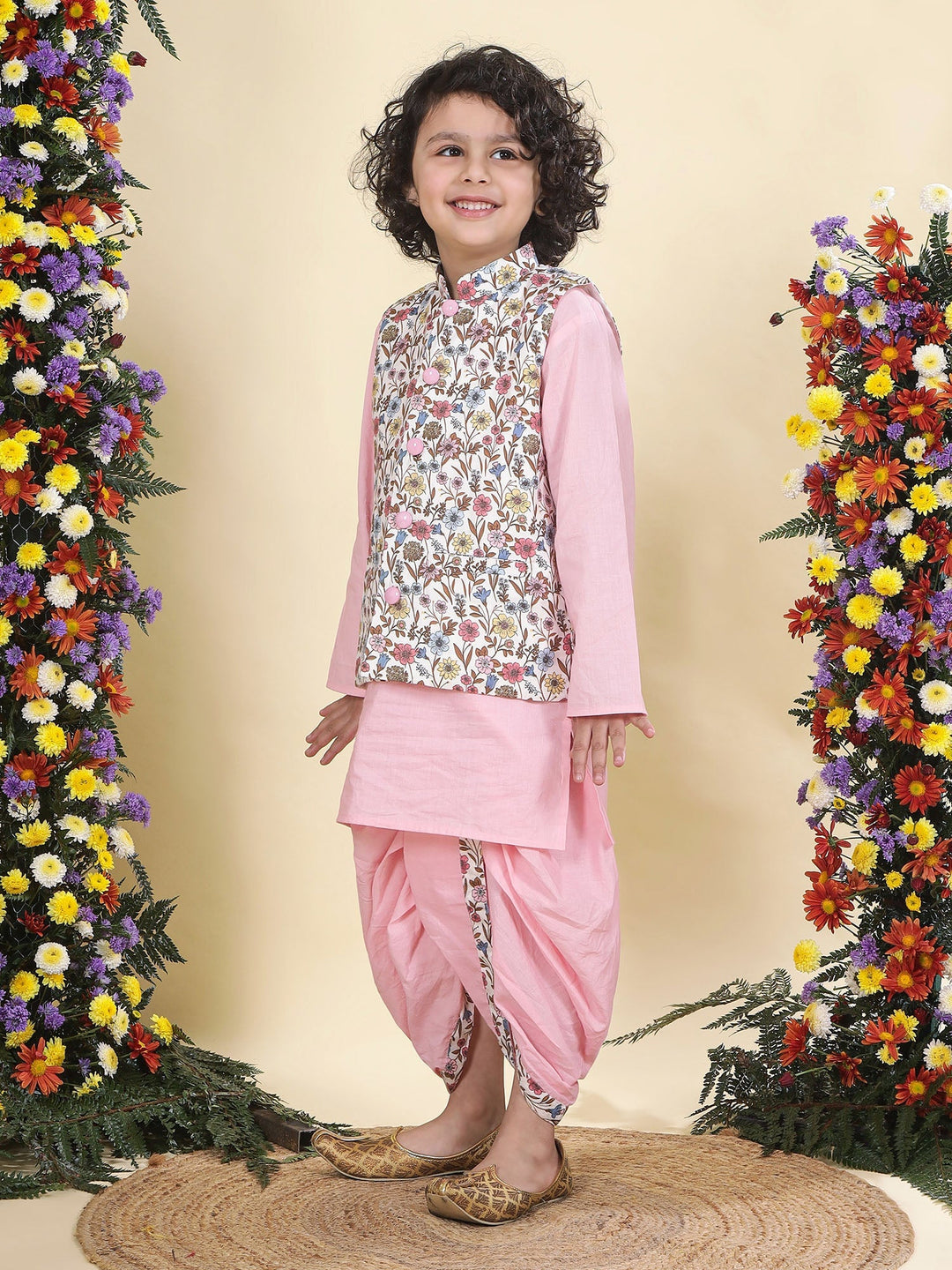 White Floral Bloom Nehru Jacket with Cotton Pink Kurta Dhoti Set | SHOBITAM