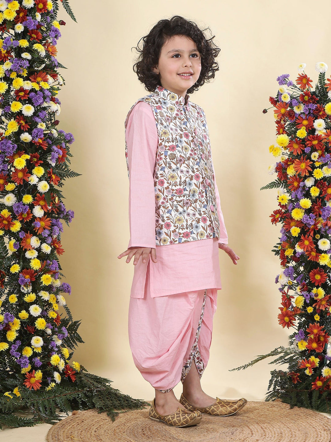 White Floral Bloom Nehru Jacket with Cotton Pink Kurta Dhoti Set | SHOBITAM
