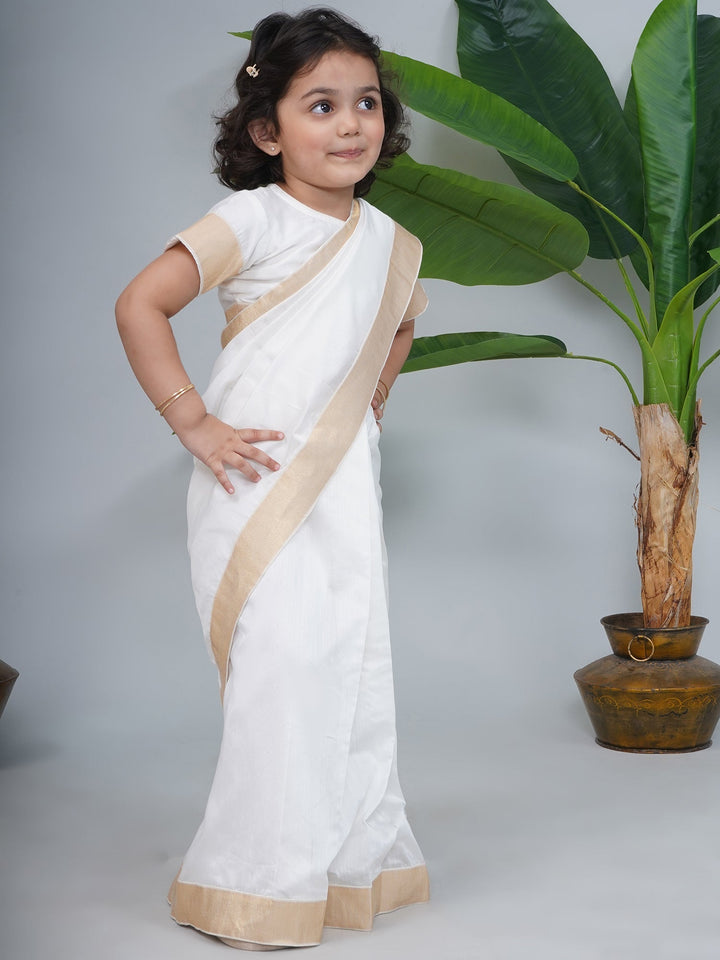 Girls Cream Chanderi Semi-Silk South Indian Saree Set with Stitched Blouse | SHOBITAM