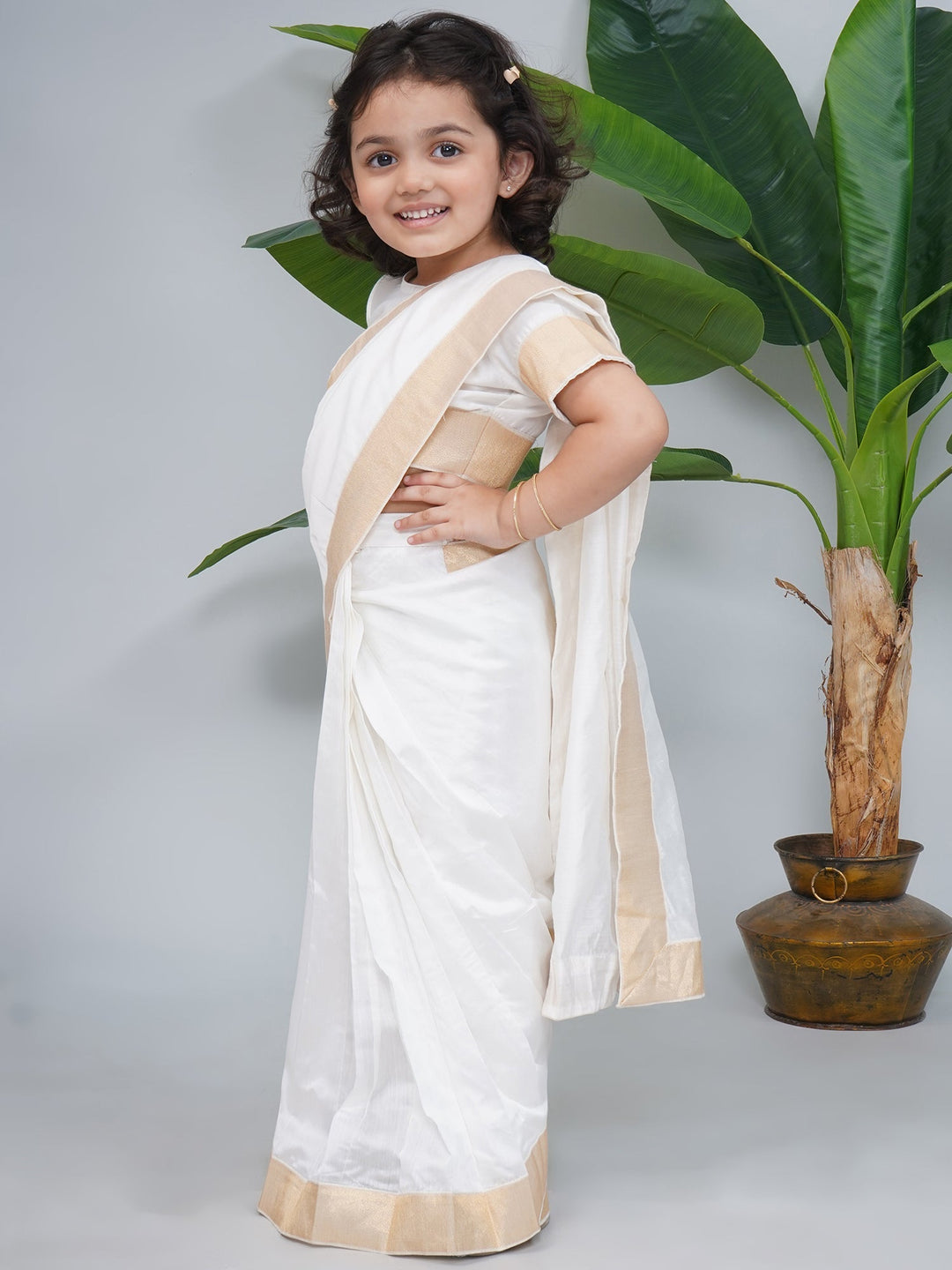 Girls Cream Chanderi Semi-Silk South Indian Saree Set with Stitched Blouse | SHOBITAM