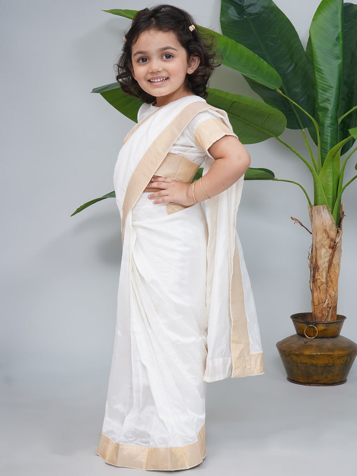Girls Cream Chanderi Semi-Silk South Indian Saree Set with Stitched Blouse | SHOBITAM
