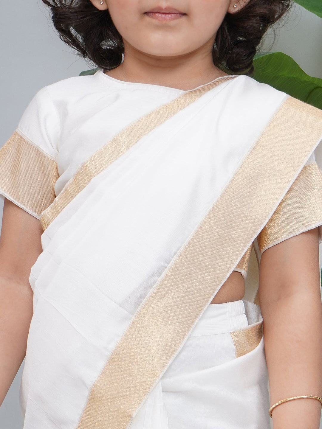 Girls Cream Chanderi Semi-Silk South Indian Saree Set with Stitched Blouse | SHOBITAM