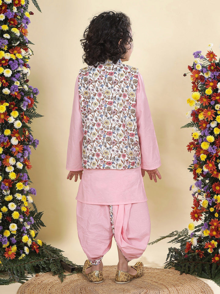 White Floral Bloom Nehru Jacket with Cotton Pink Kurta Dhoti Set | SHOBITAM