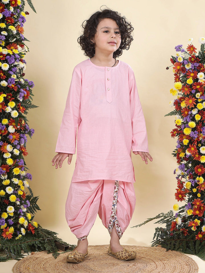 White Floral Bloom Nehru Jacket with Cotton Pink Kurta Dhoti Set | SHOBITAM