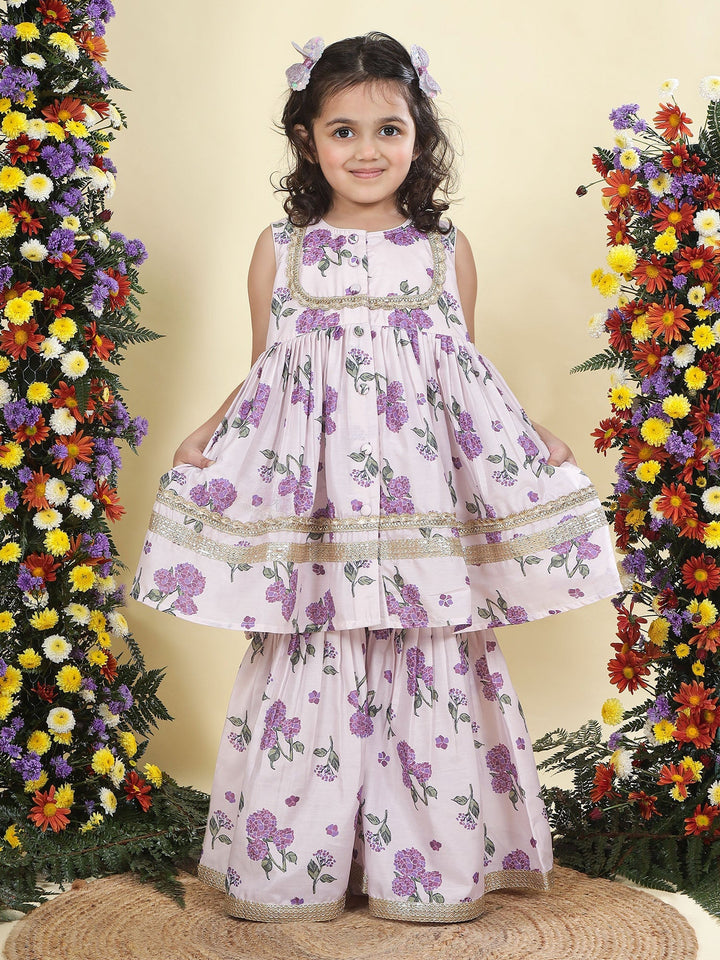 Baby Purple Floral Muslin Kurta with Sharara Set | SHOBITAM