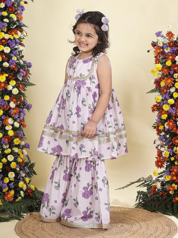 Baby Purple Floral Muslin Kurta with Sharara Set | SHOBITAM