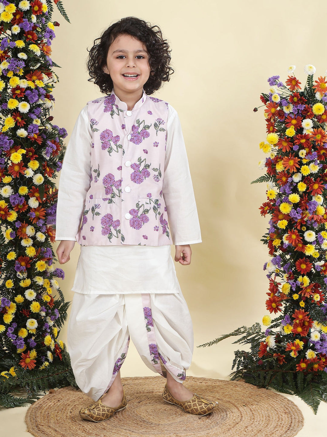 Baby Purple Floral Muslin Nehru Jacket with Cream Cotton Kurta Dhoti Set | SHOBITAM