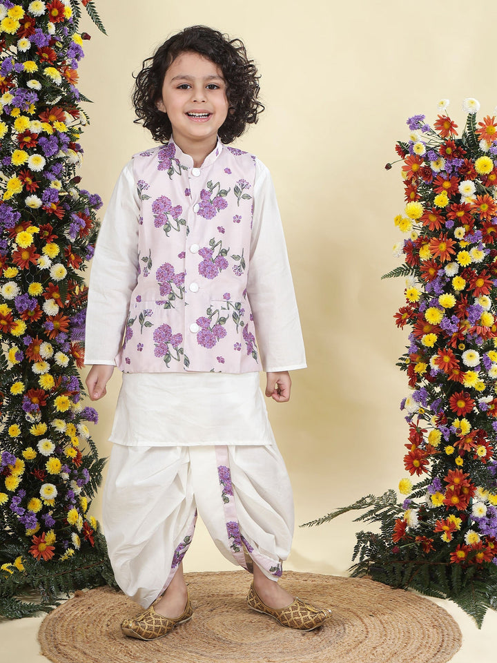 Baby Purple Floral Muslin Nehru Jacket with Cream Cotton Kurta Dhoti Set | SHOBITAM