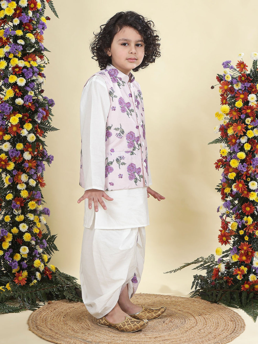 Baby Purple Floral Muslin Nehru Jacket with Cream Cotton Kurta Dhoti Set | SHOBITAM