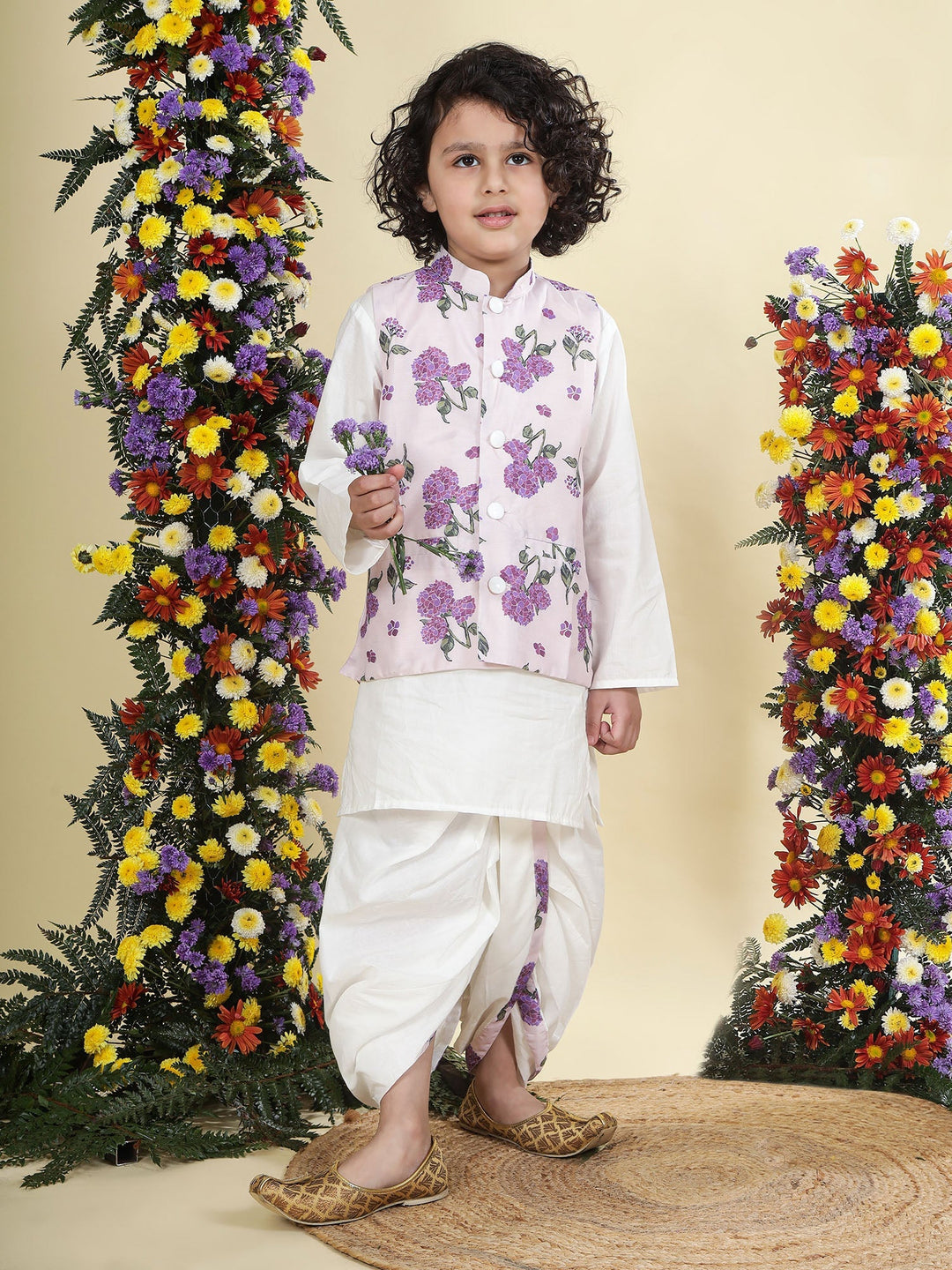Baby Purple Floral Muslin Nehru Jacket with Cream Cotton Kurta Dhoti Set | SHOBITAM