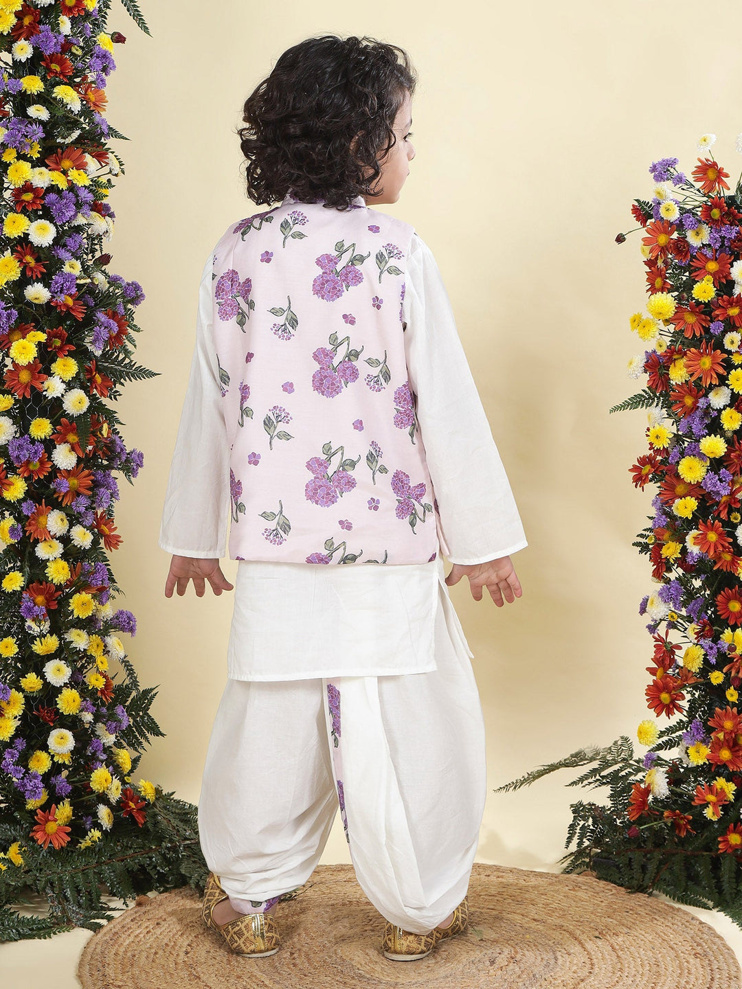 Baby Purple Floral Muslin Nehru Jacket with Cream Cotton Kurta Dhoti Set | SHOBITAM