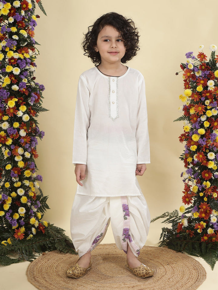 Baby Purple Floral Muslin Nehru Jacket with Cream Cotton Kurta Dhoti Set | SHOBITAM