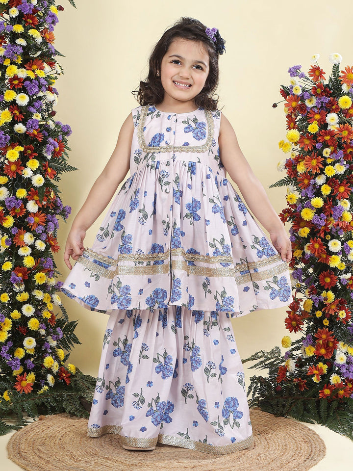 Baby Pink Floral Muslin Kurta with Sharara Set | SHOBITAM