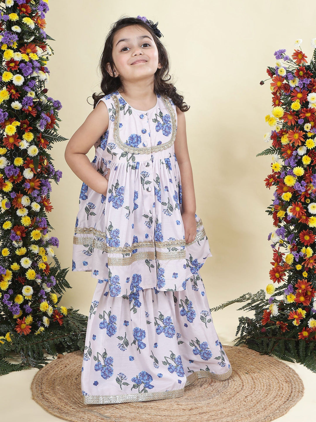 Baby Pink Floral Muslin Kurta with Sharara Set | SHOBITAM