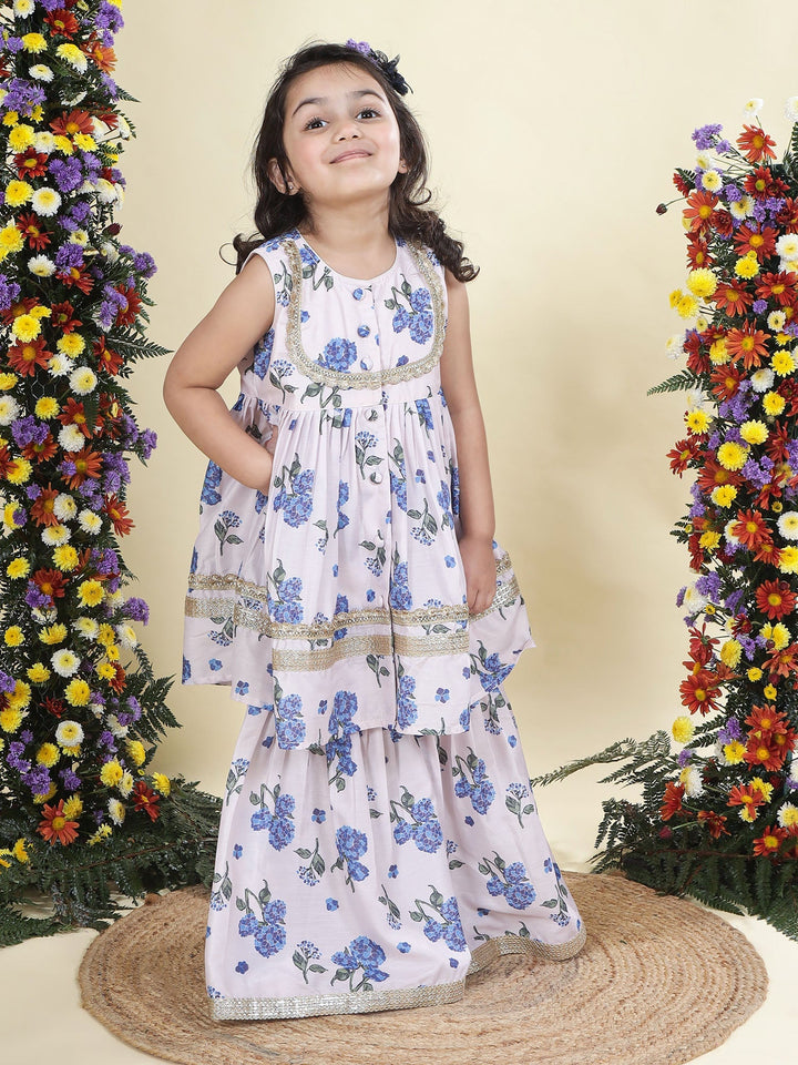Baby Pink Floral Muslin Kurta with Sharara Set | SHOBITAM