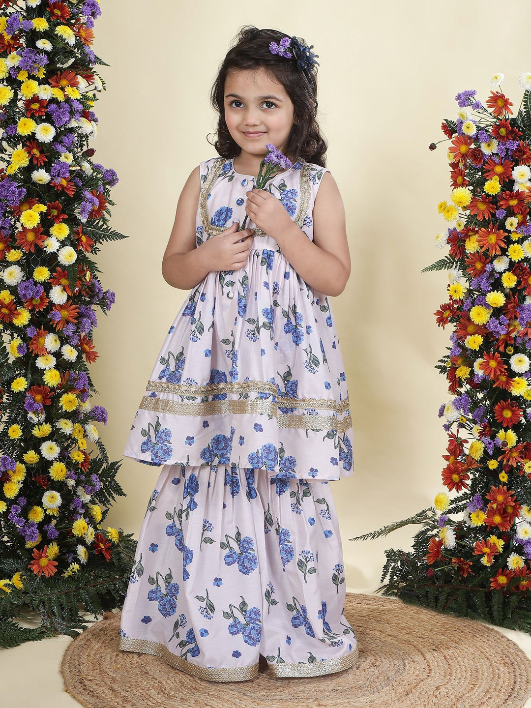Baby Pink Floral Muslin Kurta with Sharara Set | SHOBITAM