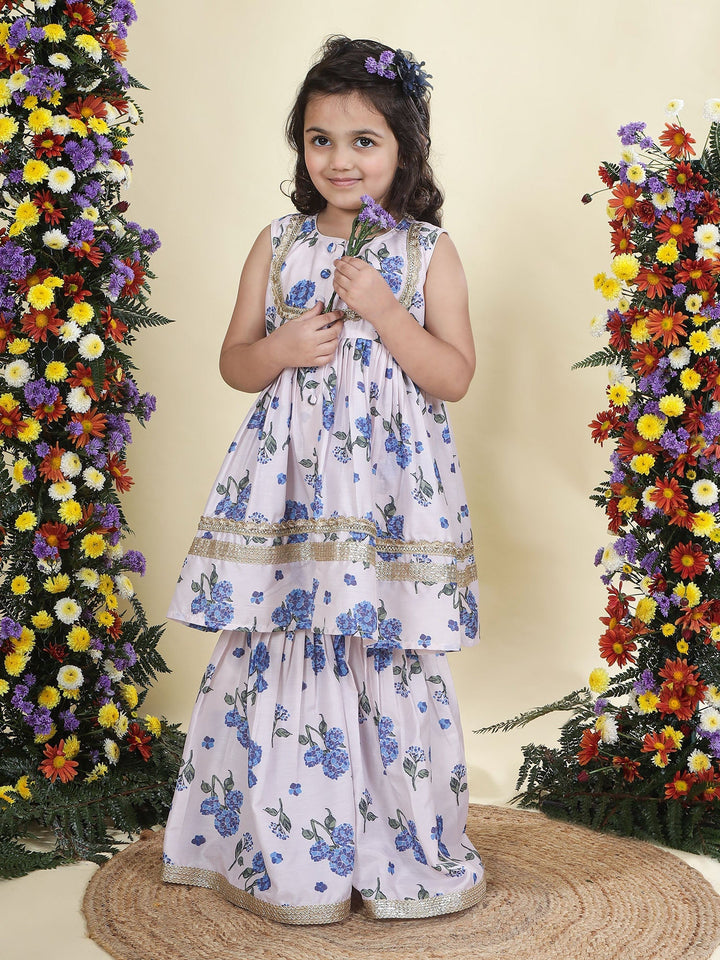 Baby Pink Floral Muslin Kurta with Sharara Set | SHOBITAM