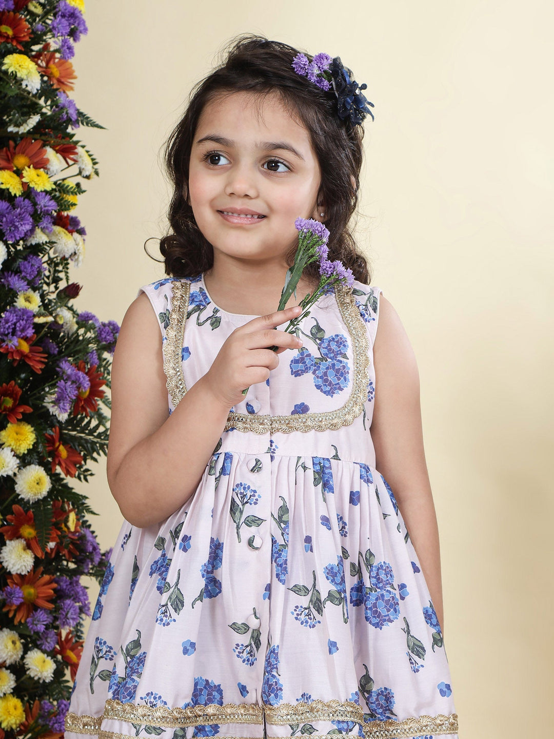 Baby Pink Floral Muslin Kurta with Sharara Set | SHOBITAM