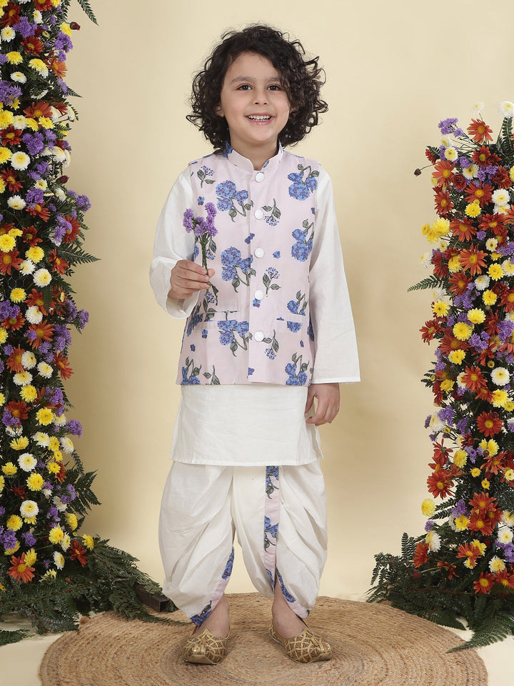 Baby Pink Floral Muslin Nehru Jacket with Cream Cotton Kurta Dhoti Set | SHOBITAM