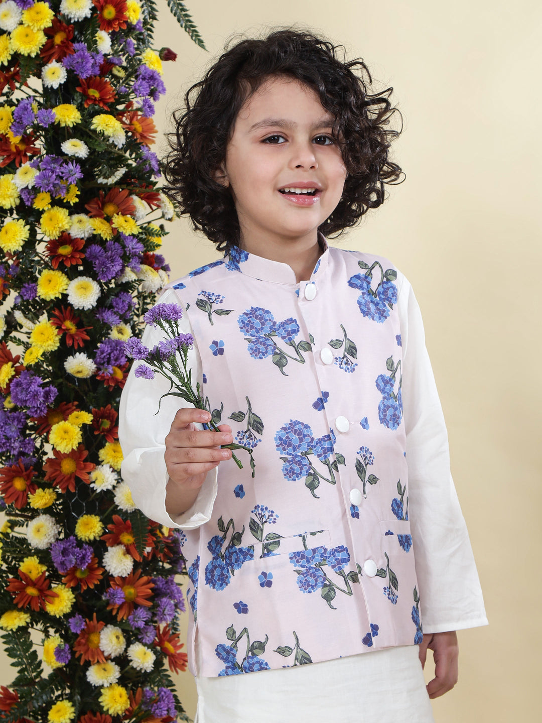 Baby Pink Floral Muslin Nehru Jacket with Cream Cotton Kurta Dhoti Set | SHOBITAM